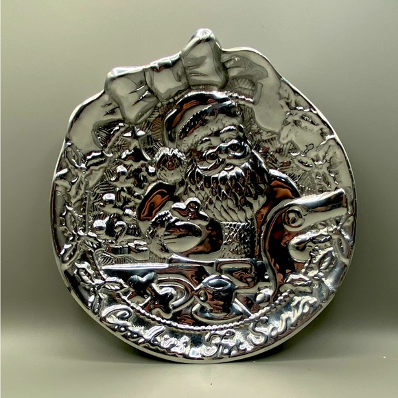 Santa Cookie Plate -3D Relief Santa Eating Cookies & Checking List - 10” Dia - Picture 1 of 6